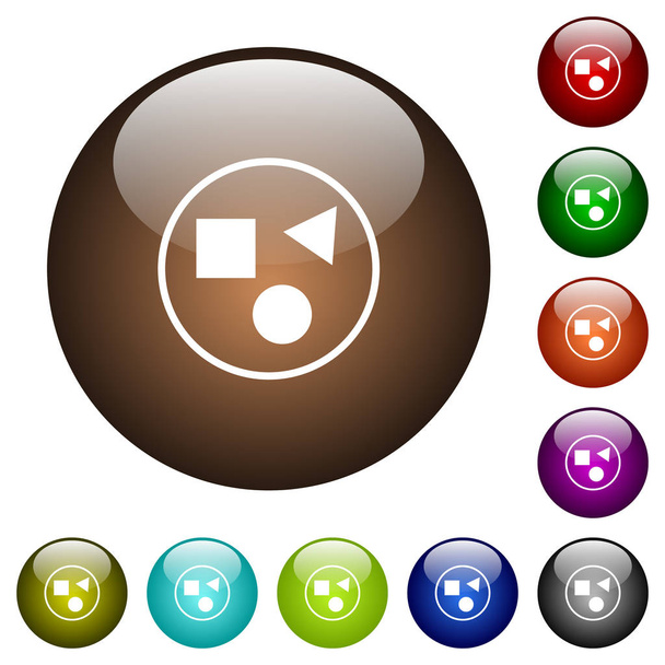 Agrupación de elementos iconos blancos en botones de vidrio de color redondo
 - Vector, imagen