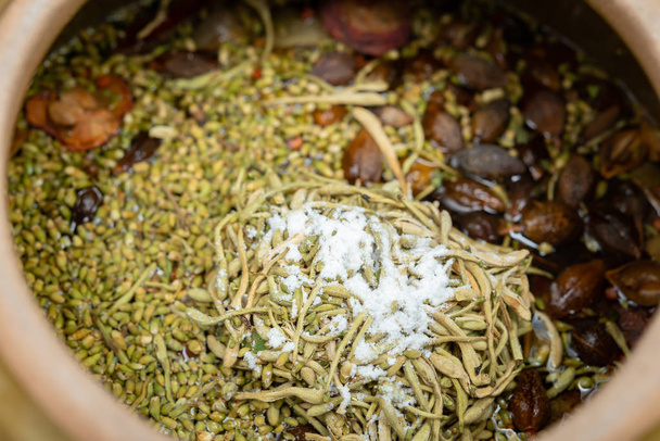 herbal in enamel pot close up - Photo, Image