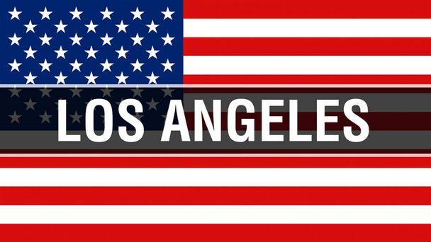 Miasto Los Angeles na tle flagi Usa, renderowania 3d. Polska flaga macha na wietrze. Dumny amerykański Flaga Macha, koncepcja miasta Los Angeles. Nas American symbol i Los Angeles zadumany - Zdjęcie, obraz