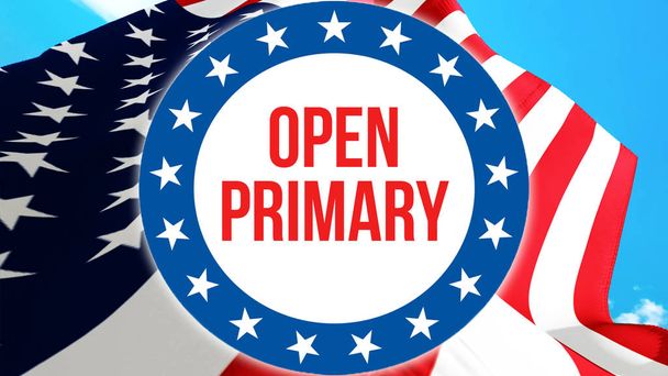 open primary election on a USA background, 3D rendering. United States of America flag waving in the wind. Voting, Freedom Democracy, open primary concept. US Presidential election banner backgroun - Photo, Image