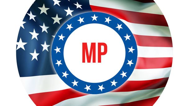MP verkiezing op een VS-achtergrond, 3D-rendering. Verenigde Staten vlag zwaaien in de wind. Stemmen, vrijheid democratie, Mp concept. Ons presidentsverkiezingen banner pagina - Foto, afbeelding
