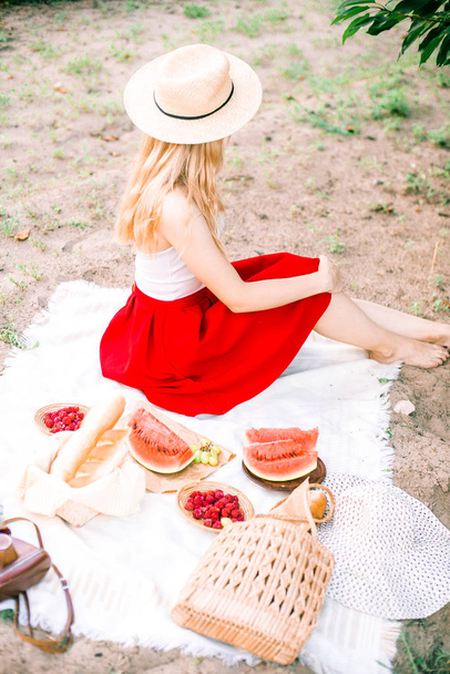 Beautiful young girl with blond hair having fun on a picnic in the summer garden - Foto, imagen