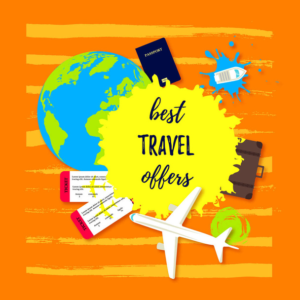 Best travel offer. Passport with tickets, travel bag, Earth globe, boats and an airplane Flat icon. Travel concept. Business travel illustration. Vector - Vector, Image