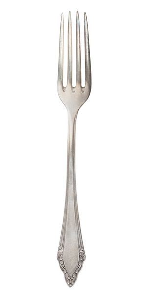 Top view of old silver fork isolated on white - Photo, Image