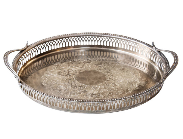 Empty metal old Antique silver tracery tray isolated on white background. Retro style - Photo, Image