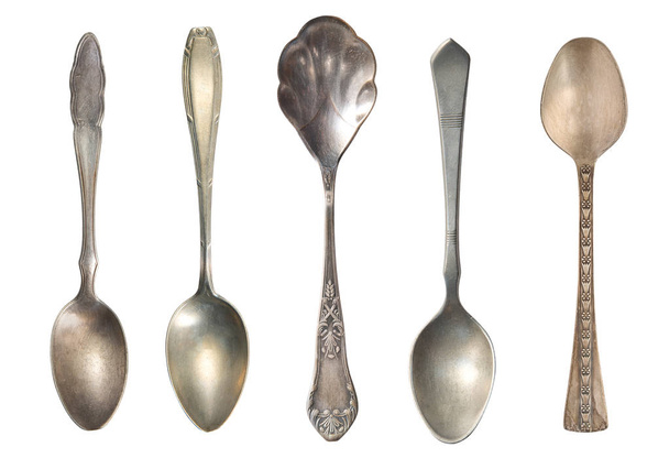 Vintage tea spoons  isolated on a white background. Retro silverware. - Photo, Image