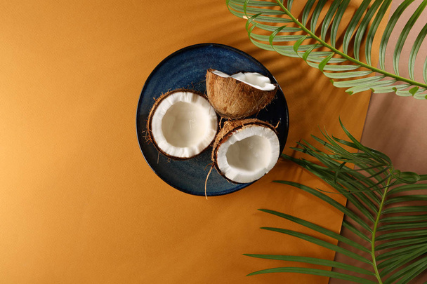 Fresh coconuts and palm leaf on yellow backdrop - Foto, afbeelding