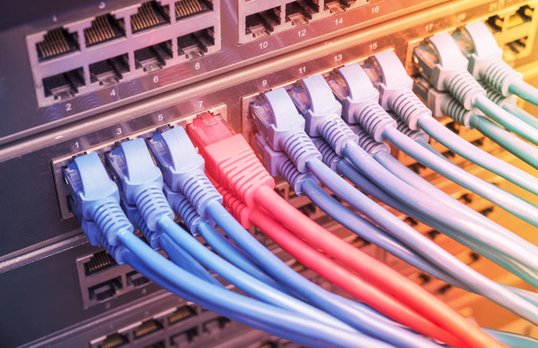 network cables and hub closeup with fiber optical background - Photo, Image