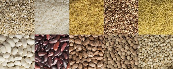 さまざまな穀物、豆、エンドウ豆、サークルの形で並んで - 写真・画像