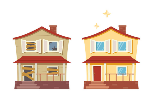 Σπίτι πριν και μετά την επισκευή. Παλιό σπίτι αναμορφώνονται σε χαριτωμένο παραδοσιακό εξοχικό σπίτι προαστιακό. Απομονωμένη διανυσματικά εικονογράφηση, επίπεδη κινούμενα σχέδια στυλ. - Διάνυσμα, εικόνα