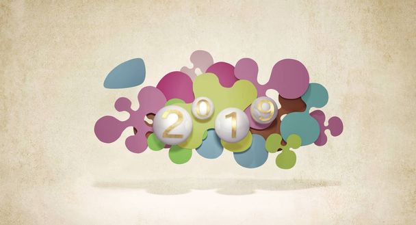 2019 con nuovo anno dalle sfere fluide dinamiche liquide e palle di Capodanno o palle astratte o bolle 3d. Poster festivo o layout banner
. - Foto, immagini
