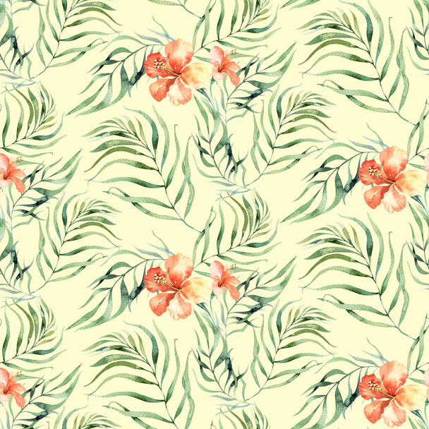 Seamless watercolor pattern of tropical leaves, aloha jungle illustration. Hand painted palm leaf. Texture with tropic summer time used as background, wrapping paper, textile or wallpaper design. - Photo, Image
