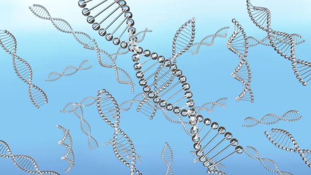 Πολλές αλυσίδες του Dna στο νερό κυμαινόμενο. DNA από υλικό με υαλονήματα και μπλε φόντο. Έννοια της επιστήμης και της γενετικής. Μία αλυσίδα του Dna είναι σε εστίαση και άλλες δεν είναι. Εσωτερικη, επιλεκτική εστίαση. 3D rendering - Φωτογραφία, εικόνα