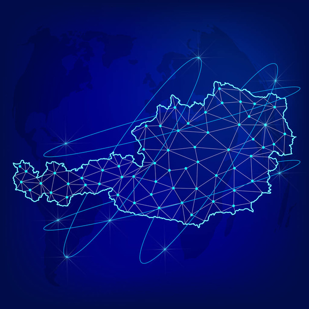 Concetto di rete logistica globale. Mappa della rete di comunicazione Austria sullo sfondo mondiale. Mappa dell'Austria con nodi in stile poligonale
. - Vettoriali, immagini