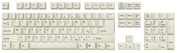Ивритская клавиатура. Вид сверху клавиш, с белой классической настольной клавиатуры, изолированной на белом. Полный алфавит и цифры. Изображение высокого разрешения. Путь обрезки включен
. - Фото, изображение