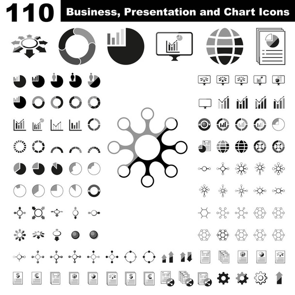 Business infographic, chart, presentation, report and visualization elements. Concept of business, finance and corporate status reporting. Gray scale icon set. - Vector, Image