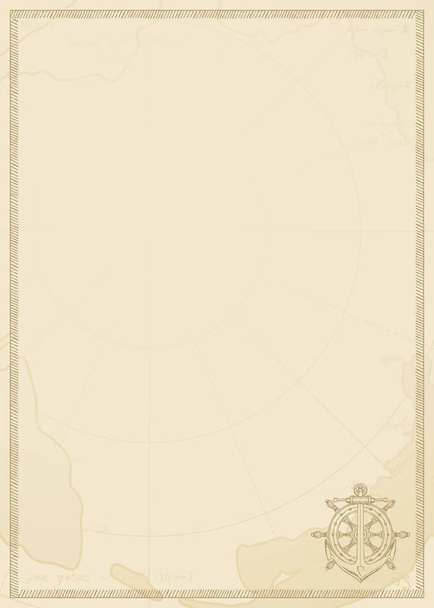 Старая винтажная бумага с иконой корабельного якоря и шлема. Векторная иллюстрация на тему путешествий, приключений и открытий на фоне старой карты. Концепция пиратской карты
. - Вектор,изображение