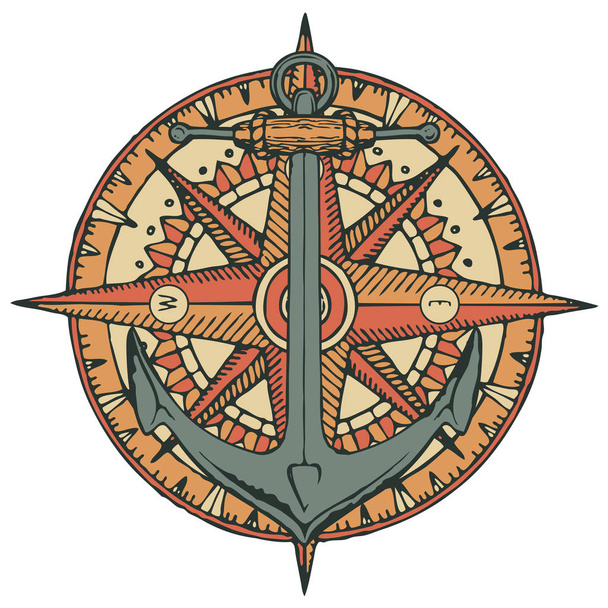 Retro nápis s lodí kotva, Větrná růžice a staré námořní kompas. Vektorové ilustrace na téma cestování, dobrodružství a zážitků na bílém pozadí - Vektor, obrázek