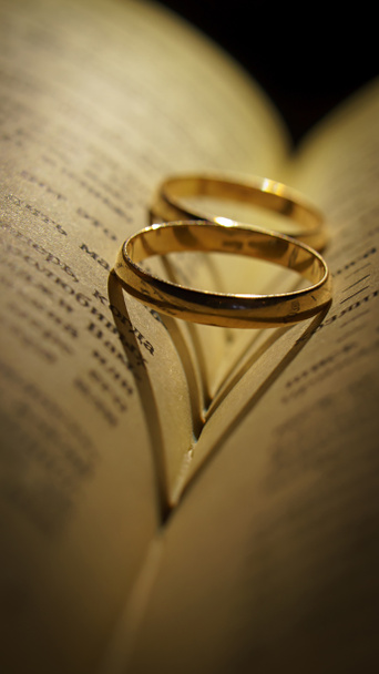 Anneaux de mariage en or sur un livre étendu
 - Photo, image