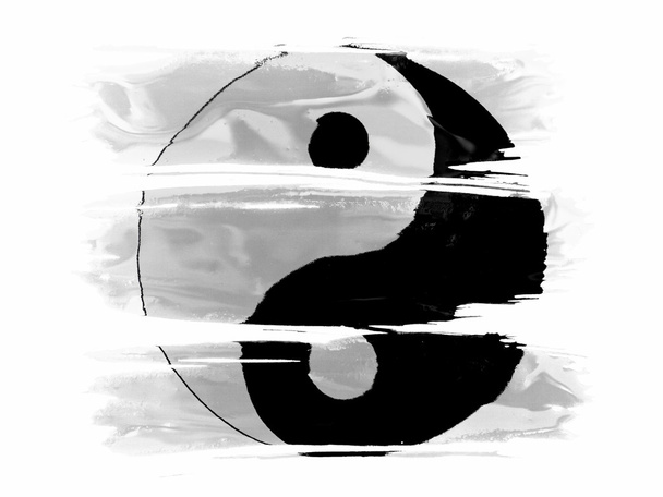 ホワイトでペイントの 3 つのストロークでペイントに描かれた ying ヤンの記号 - 写真・画像