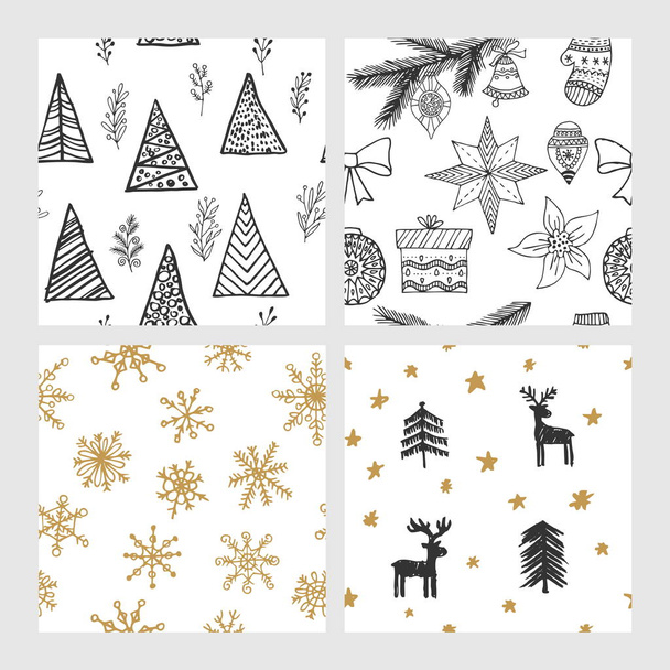Beautiful seamless Christmas and winter patterns, drawn by hand. Many festive elements and patterns. Vector graphics and illustration. - Vector, Image