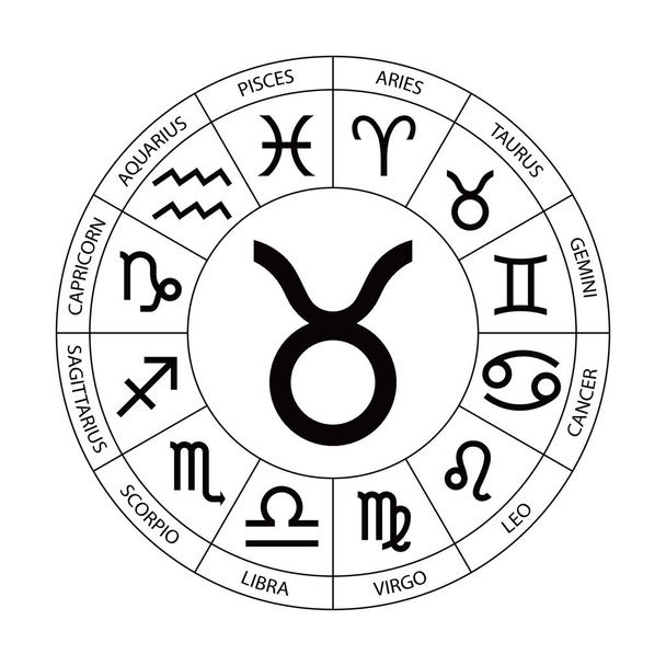 Vector. Grafische astrologie instellen op de witte achtergrond. Een eenvoudige zwarte geometrische representatie van het dierenriemteken voor Horoscoop Stier met titels, lijntekeningen geïsoleerd illustratie - Vector, afbeelding