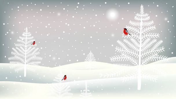 Vektör çizim. Sevimli karakterleri ile neşeli Noel tebrik kartı. Arka plan bullfinches, ağaçlar, manzara ve kar yağışı. - Vektör, Görsel