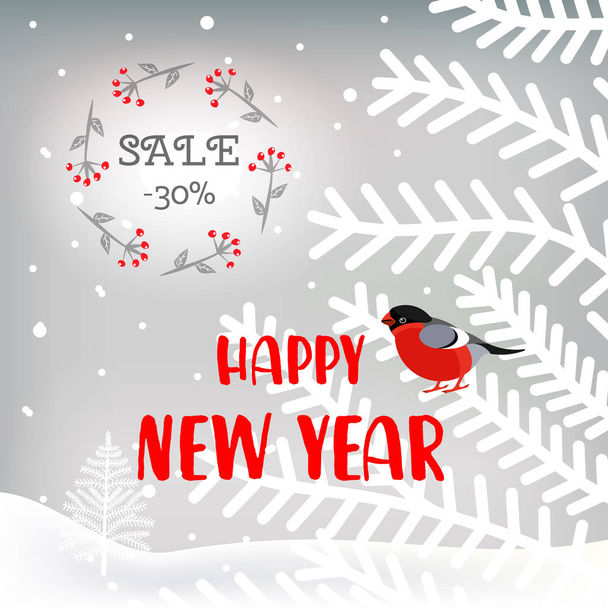Vector illustration. New Year card with cute characters. Background with bullfinches, christmas trees, landscape, snowfall and text "SALE-30%". - ベクター画像