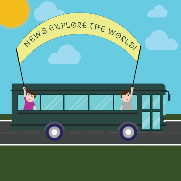 Kavramsal el haber keşfetmek Dünya gösterilen yazma. İş fotoğraf metin küresel medya güncellemeleri uluslararası konularda iki çocuklar içinde okul otobüsü tutarak dışarı afiş ile Stick biliyor - Fotoğraf, Görsel
