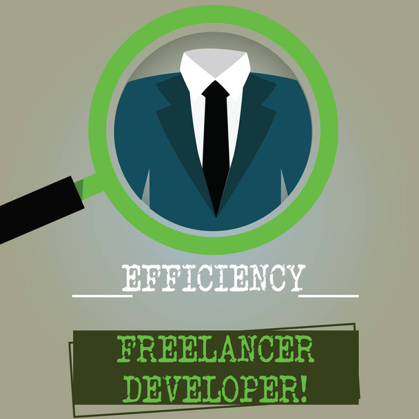 Conceptual hand writing showing Efficiency Freelancer Developer. Business photo text ensure projects run smoothly and efficient Magnifying Glass Enlarging a Tuxedo and Label Tag Below. - Photo, Image