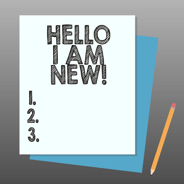 Käsikirjoitus Hello I Am New. Business valokuva esittelee itsesi tuntematon osoittaa newbie tiimissä pino eri pastelliväri Rakenna Bond paperi lyijykynä
. - Valokuva, kuva