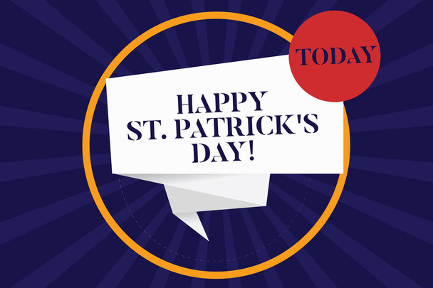 Текст от руки Happy St Patrick S Is Day. Концепция означает, что Ирландия празднует зеленые талисманы и клеверы сложенные 3D ленты Полоса внутри круга петля на полутонах Sunburst фото
. - Фото, изображение