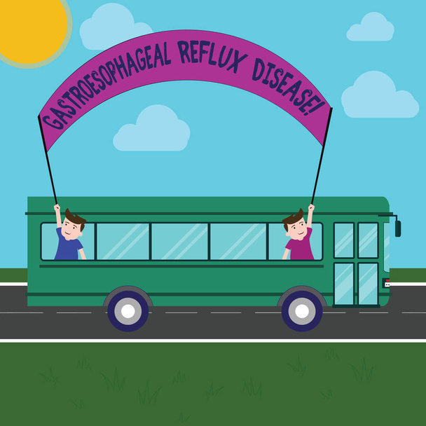 Word writing text Gastroesophageal Reflux Disease. Business concept for digestive disorder Burning chest pain Two Kids Inside School Bus Holding Out Banner with Stick on a Day Trip. - Photo, Image