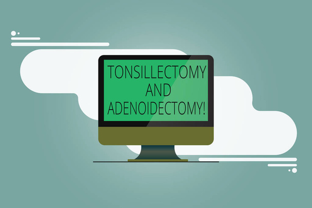 Conceptual hand writing showing Tonsillectomy And Adenoidectomy. Business photo showcasing Procedure in removing tonsil and adenoid Mounted Computer Monitor Blank Screen on Abstract Background. - Photo, Image