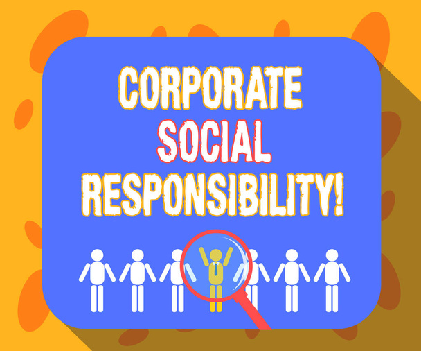 Writing note showing Corporate Social Responsibility. Business photo showcasing internal organizational policy or strategy Magnifying Glass Over Chosen Man Hu analysis Dummies Line Up. - Photo, Image