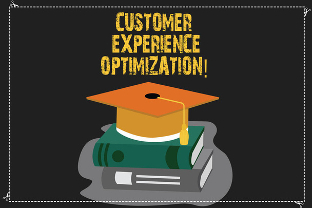Writing note showing Customer Experience Optimization. Business photo showcasing approach to the customer experience Color Graduation Hat with Tassel 3D Academic cap on Books. - Photo, Image