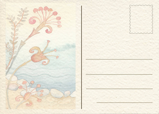 Hand drawn back postcard with flowers - Photo, Image