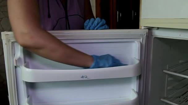 vrouwelijke hand in blauwe rubberen handschoen wast actief de deur van de koelkast - Video