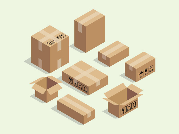 картонна ізометрична коробка для доставки упаковки з різними розмірами Векторні ілюстрації
 - Вектор, зображення