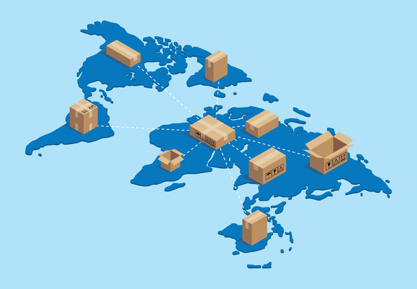 Versand weltweit international mit Pappnetzwerk oben auf der Weltkarte Vektor Illustration isometrische - Vektor, Bild