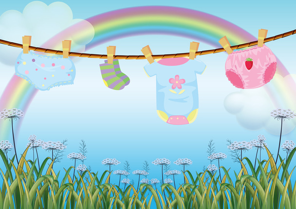 Hanging baby clothes under the rainbow - Vector, Image