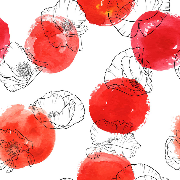 vector seamless pattern with drawing poppy flowers - Вектор,изображение