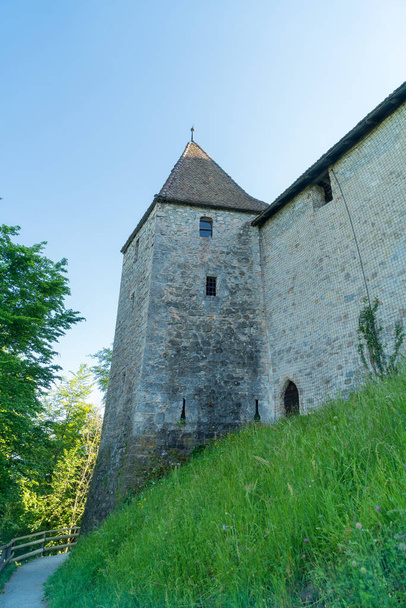 The medieval Old Town of Gruyeres is an important tourist location and is name giving to the famous Swiss Gruyere cheese. Gruyeres, Canton Fribourg, Switzerland - 写真・画像