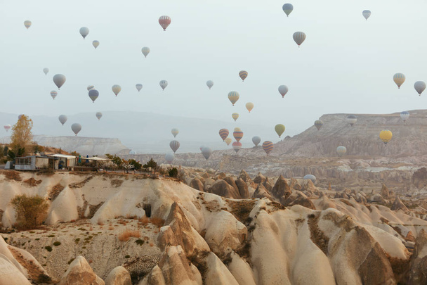 Ballooning At Cappadocia. Colorful Hot Air Balloons In Sky - 写真・画像
