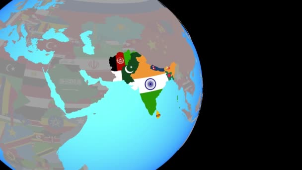 Zoom naar Zuid-Azië met vlaggen op de wereld - Video