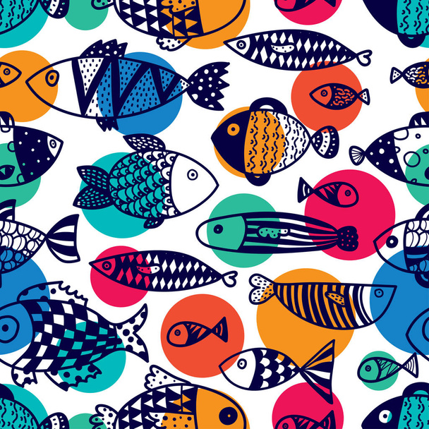 Line seamless pattern with cute fish  - Vektori, kuva
