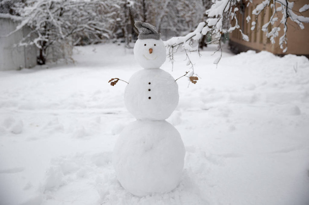 Lustiger Schneemann mit Karotte statt Nase und warmer Strickmütze auf einer schneebedeckten Wiese vor verschwommenem Hintergrund des Gartens. - Foto, Bild