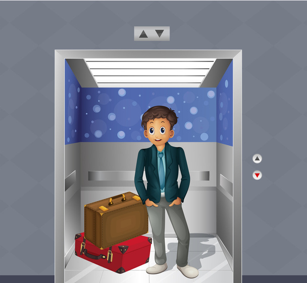 Egy fiú, két utazó táskák, belülről a lift - Vektor, kép
