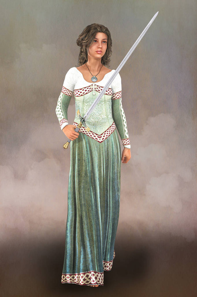 An isolated 3D digital illustration of a noble woman dressed in medieval costume. Particularly suited to book cover art and design in the historical and highlander romance, fantasy, elven genres. - Zdjęcie, obraz