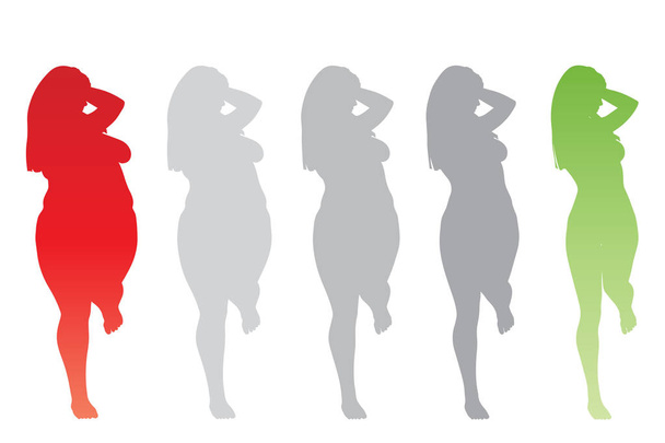 Koncepcyjne tłuszczu nadwaga otyłość kobieta vs slim fit zdrowego ciała po odchudzaniu lub diety z mięśnie cienkie kobieta młody na białym tle. Fitness, odżywianie i otłuszczenia otyłość, zdrowie sylwetka kształt - Zdjęcie, obraz